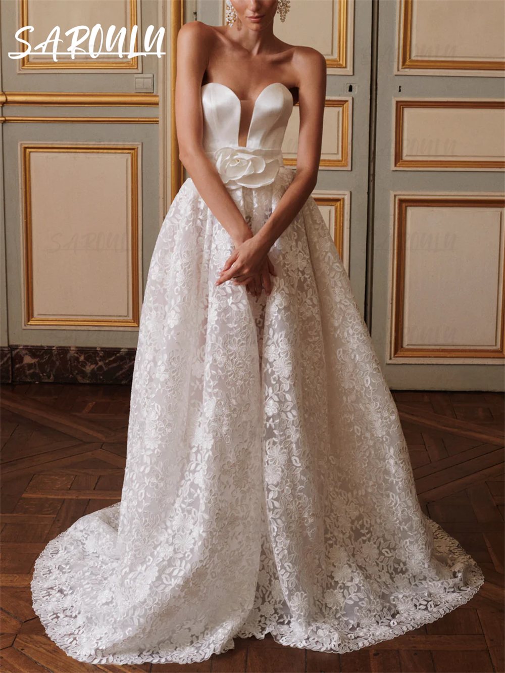 Chic Lace Wedding Dress with Satin Floral, A Line Long Strapless Bridal Gown, Customized, Sweep Train Bride Dresses for Women