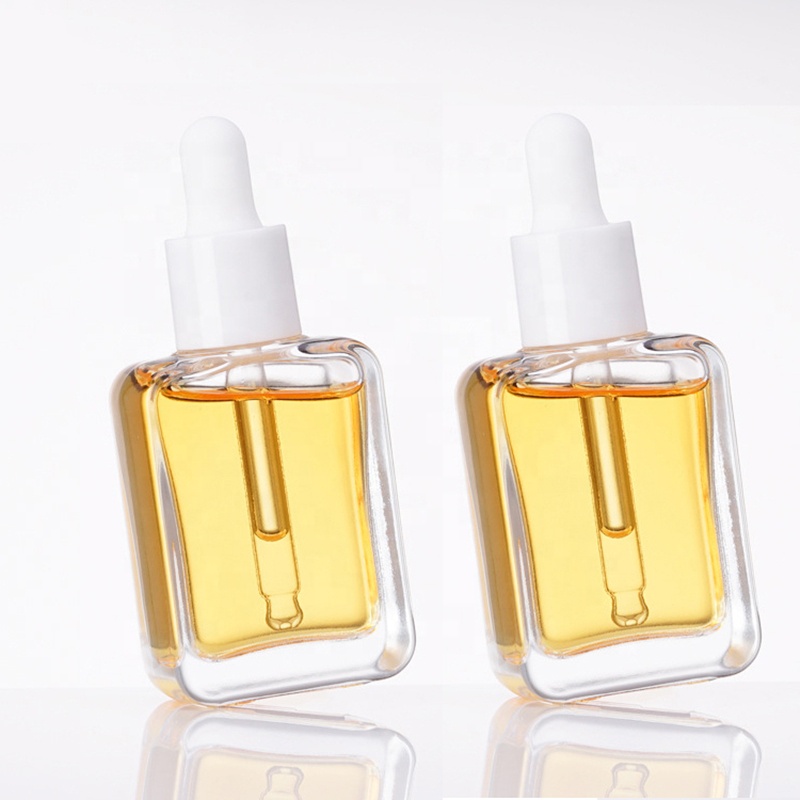 Empty Clear/Purple Glass Flat Square Dropper Bottle for Fancy Essential Oils with White Plastic Lid  for Cosmetic with Pipette