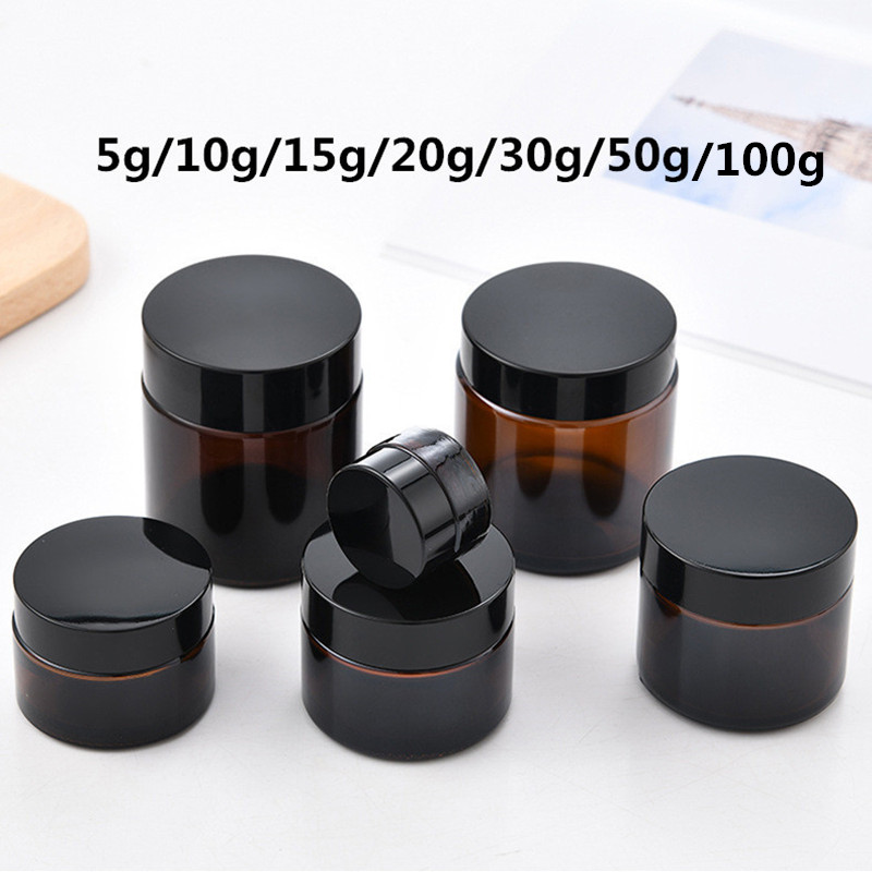 10pcs/lot 5g 10g 20g 30g 50g glass jars for cosmetics Amber Glass Cream Jars Cosmetic Packaging with lid black plastic caps