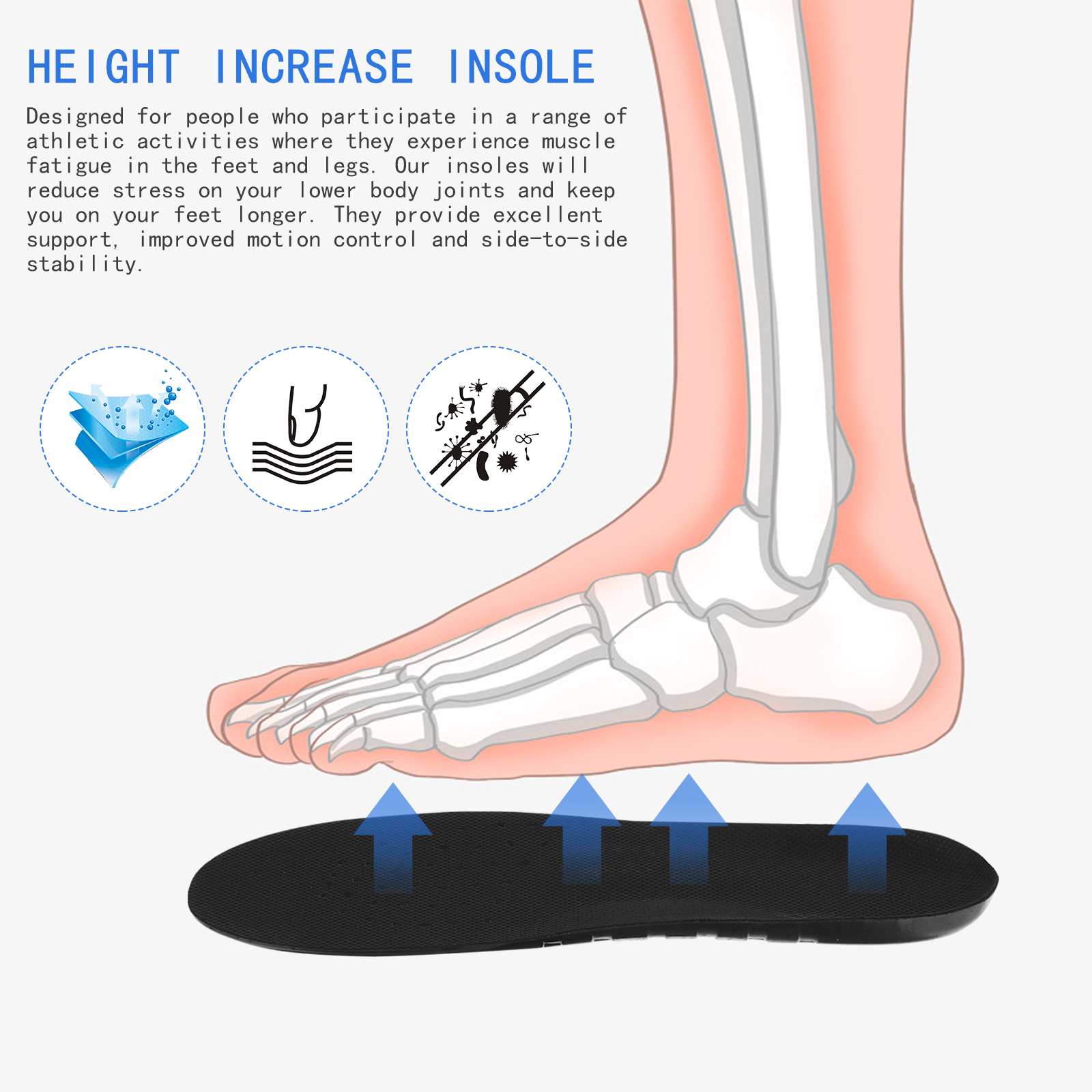 Sports Height Insole Arch Support Black Gel Durable Material Reduce Stress Motion Control Plantar Fasciitis Shoe Pads Foot Care