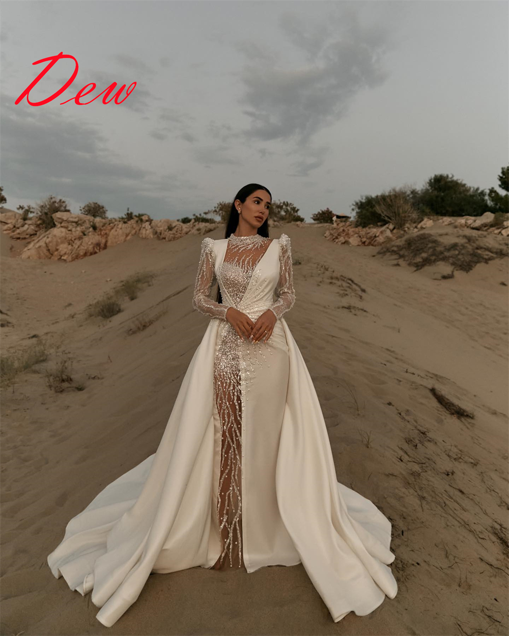 Customized  Graceful White Satin Wedding Dress Exquisite O-Neck Long Sleeves Chapel Train Sequined Zipper Back Bridal Gowns