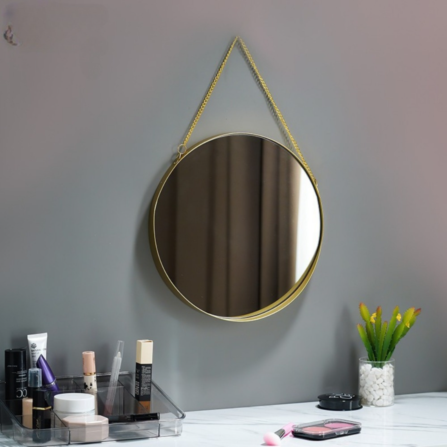 Golden Vanity Mirror, Round Wall Mirror with Chain for Cosmetic Makeup - 1pc