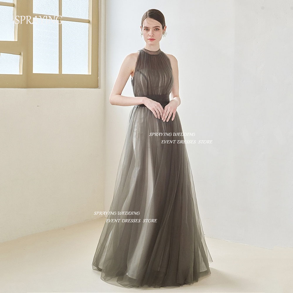 SPRAYING Fairy Tulle Corset Evening Dress Korea Wedding Dress Photo Shoot O Neck Sleeveless A line Long Party Dress Customized
