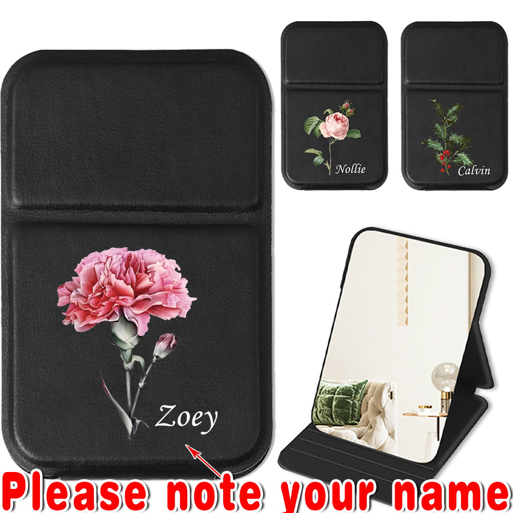 Customized Name PU Hand-Held Makeup Mirror Desktop Cosmetic Vanity Mirror Leather Cover Pocket Beauty Tool DIY Travel Accessory