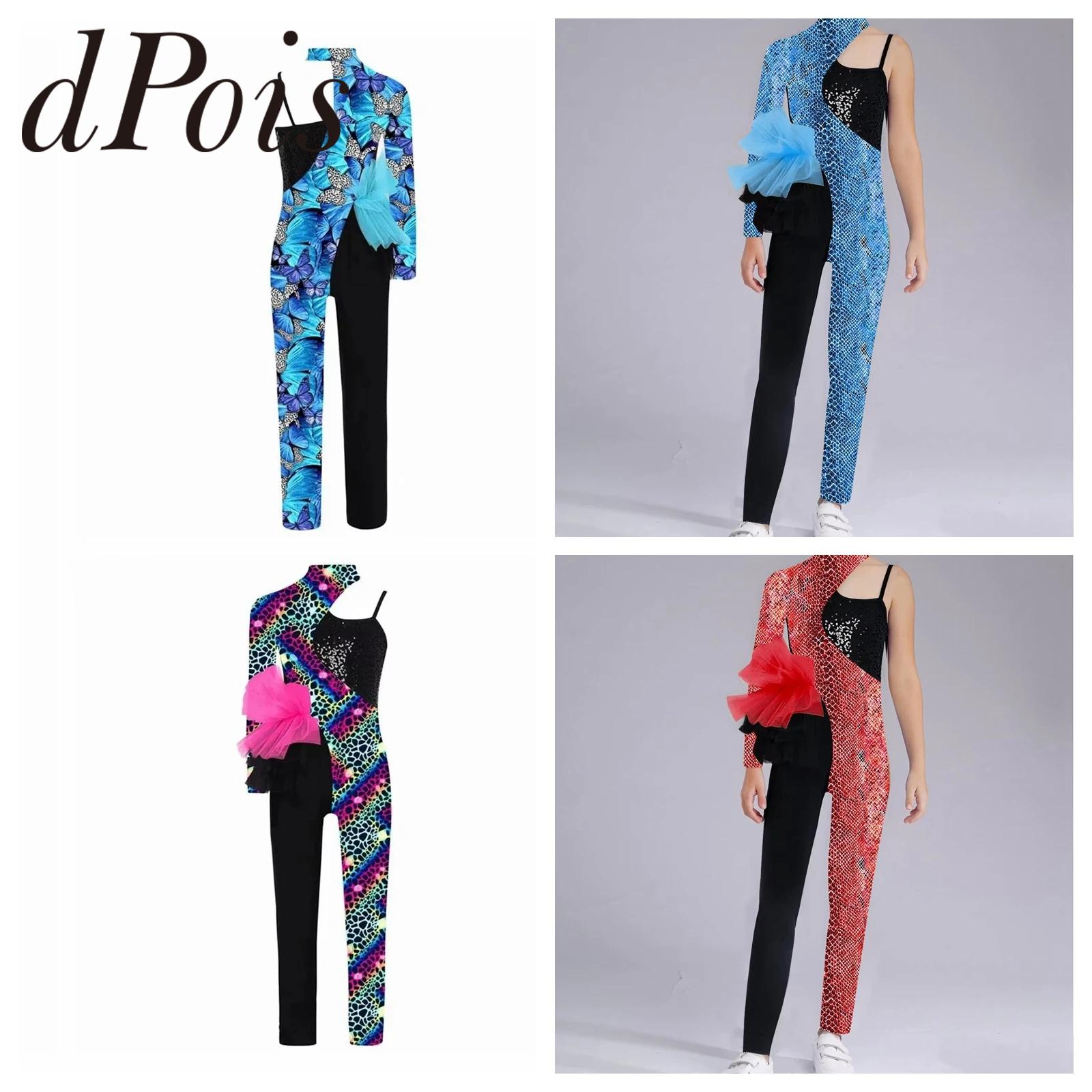 Fashion Girl's Dance Gymnastics Leotard Sequined Asymmetrical Full Bodysuit Dance Costume Ballet Bodysuit Kids Skating Jumpsuit