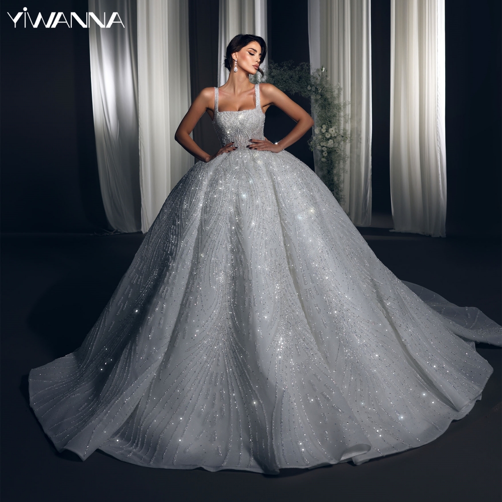 Modest Square Neck Bridal Dress Sparkly Sequins Beads Wedding Gown 2024 Luxury Ball Gown Bride Robe Customized Vestido De Novia