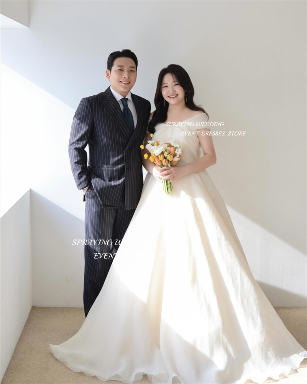 SPRAYING Simple Off the Shoulder Corset Back Wedding Dresses Organza Floor-Length Long Bridal Gown Korea Photo Shoot 2025 웨딩드레스