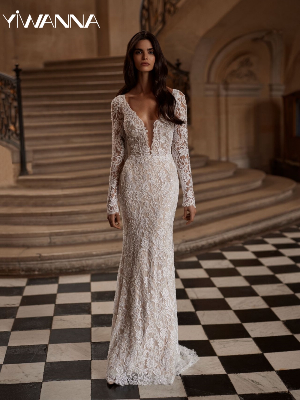 Shiny Embroidery Lace Sheath Long Wedding Dress Illusion Deep V-neck Open Back Bridal Gown Customized Elegant Dresses For Bride