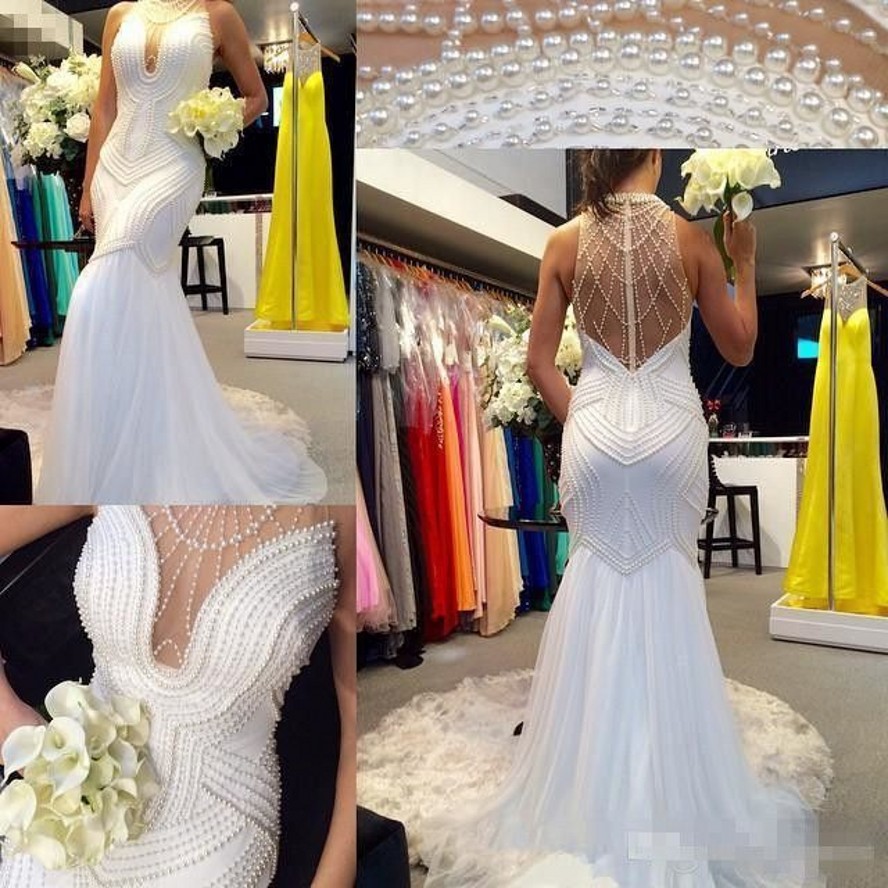 High Neck Mermaid Wedding Dresses 2025 Fully Pearls Illusion Back Bridal Gowns Customed Vestidos De Noiva