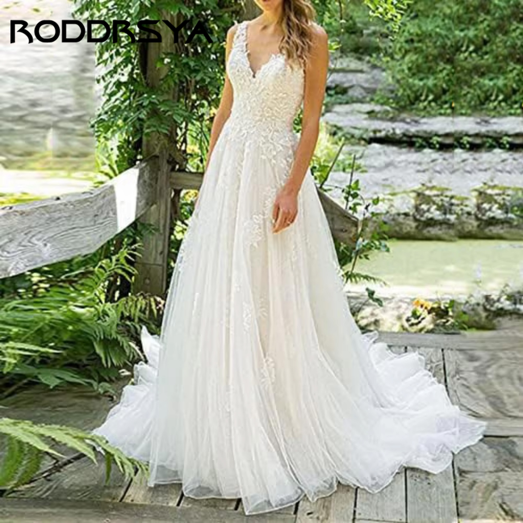 RODDRSYA Boho Lace Wedding Dress A-Line Tulle Bride Dress V-Neck Tank Gowns Bridal Backless Elegant Vestidos De Novia Customized