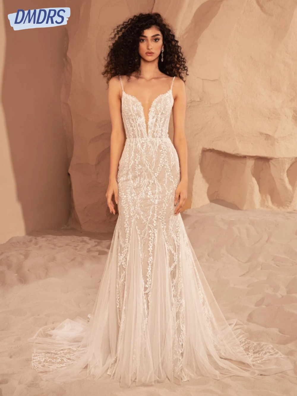 Shiny Deep V-neck Wedding Dress Lace Appliques Mermaid Women Customized Elegant Floor-length Bridal Gown Vestido De Novia