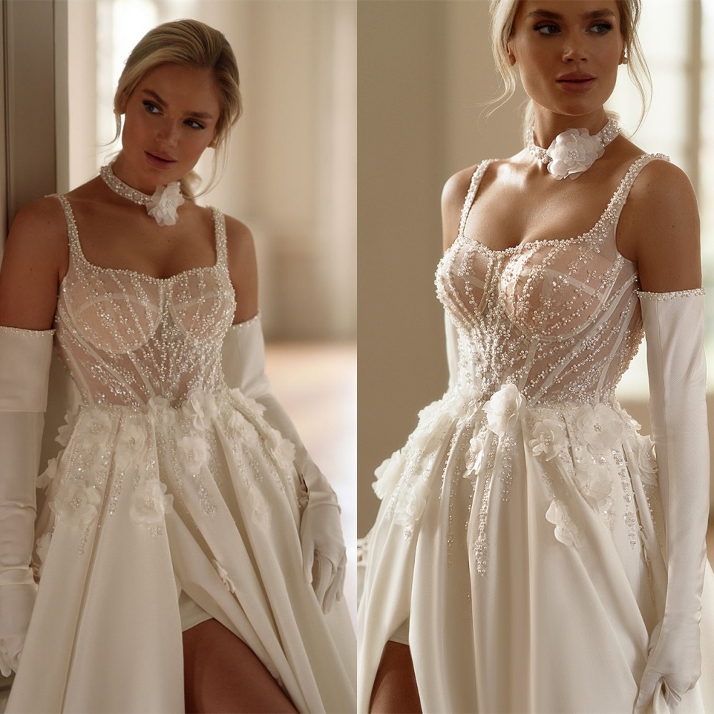 Customized White Satin Wedding Dress Elegant Strapless Spaghetti Straps Bridal Party High Quality Zipper Back Vestido De Novia