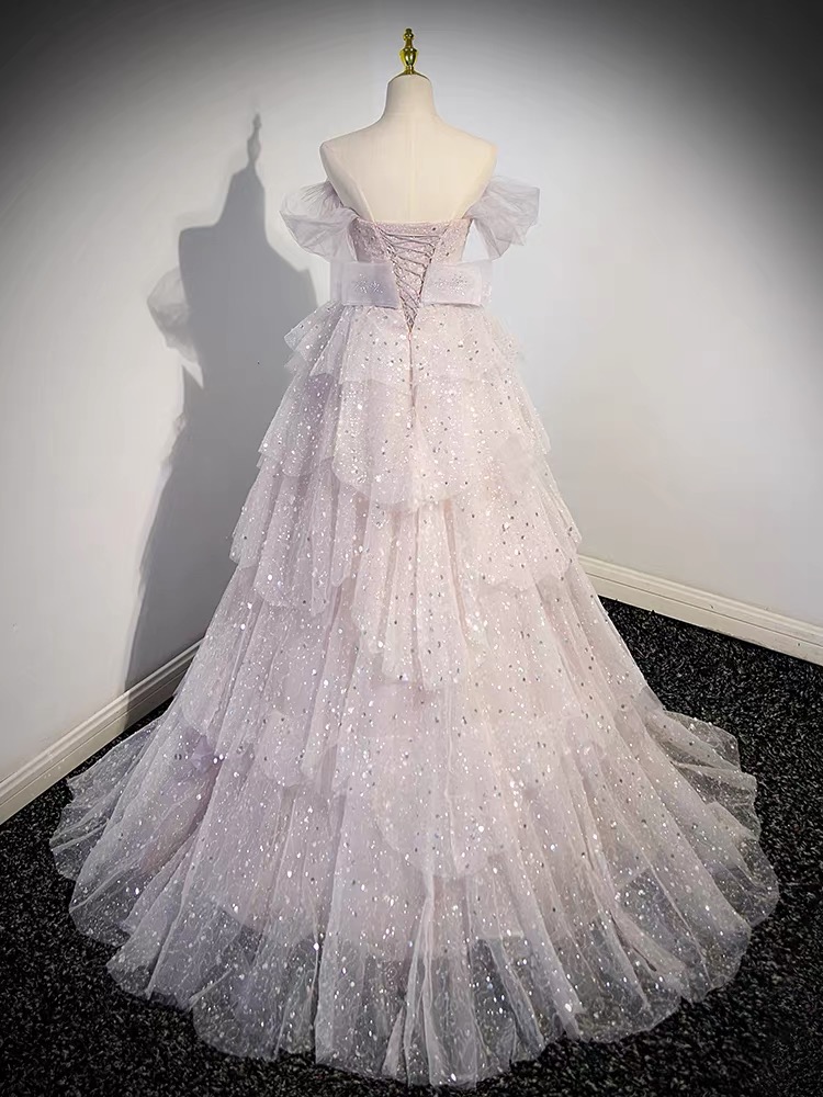 Light Purple Chiffon Evening Prom Drees With A-line Trailing And Shiny Formal Occasion Wedding Banquet Ball Celebrity Gown