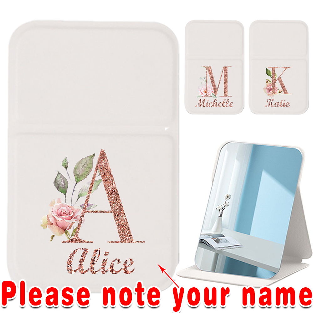 Customized Name PU Makeup Mirror Desktop Stand With Protect Cover Foldable Hand-Held Cosmetic Tool Beauty Accessory Travel Use