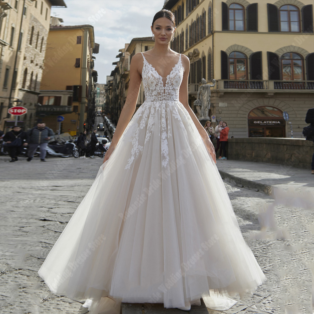 Sexy V-Neck A-Line Women Wedding Dresses Sweetheart Collar Sleeveless Tulle Bridal Gowns Mopping Length Banquet Vestido De Novia