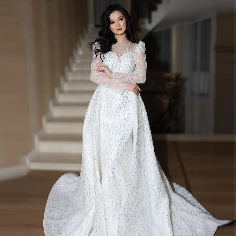 Luxurious Wedding Dress Organza With Embroidery Bead Mermaid Ballgown Full Sleeve O-Neck Bride Dress Customized Vestido De Novia