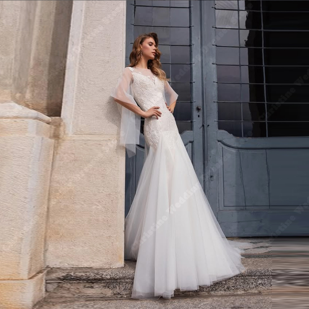 Elegant Round-Neck Women Wedding Dresses Sexy Lace Printing Mermaid Bridal Gowns Vestidos De Novias Estilo Boho Chic Customized