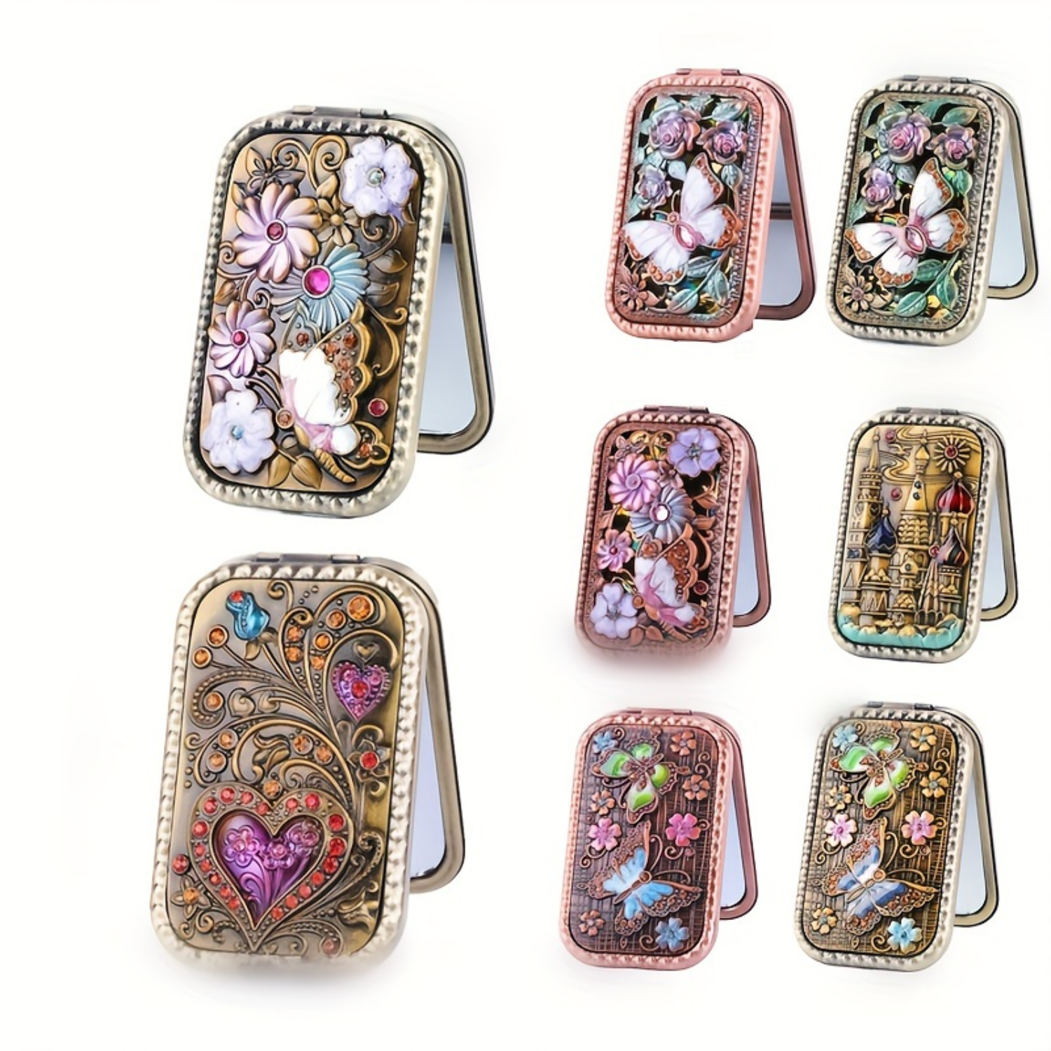 Vintage Compact Mirror For Purse, Double-Sided Folding 1X/2X Magnifying Metal Pocket Makeup Mirrors, Birthday Gift For Women Mom