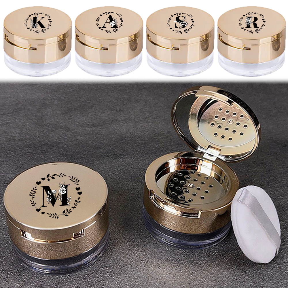 1pc portable gold loose powder box mirror sieve design travel make-up case with garland letter initial name 26 letters pattern