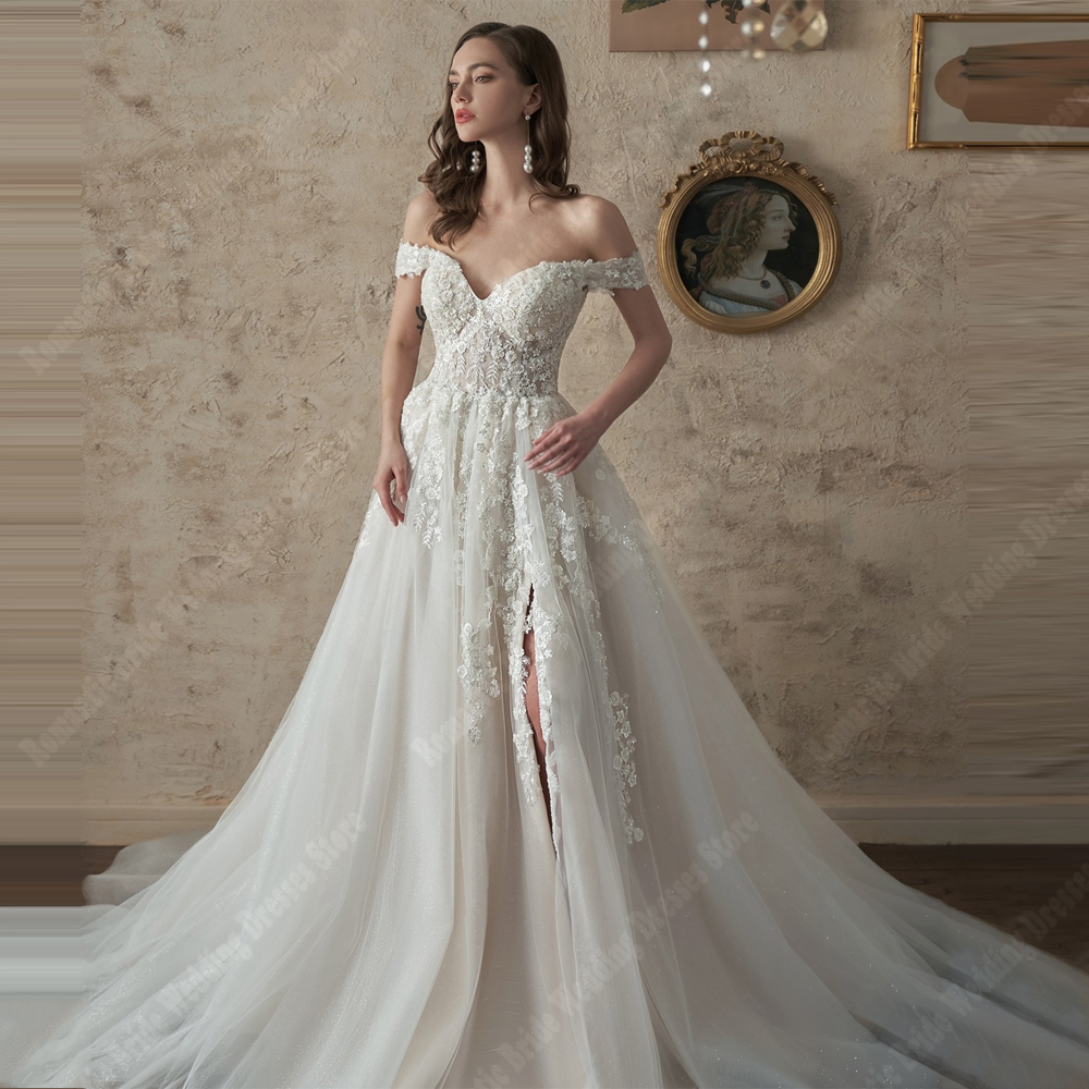 Off The Shoulder A-Line Wedding Dresses Customized Elegant Sleeveless Bridal Gowns Shining Decals Banquet Embellishments Robes