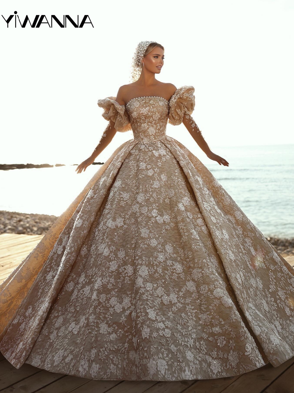 Detachable Sleeve Beaded Lace Appliques Wedding Dress Shiny Pearls Bridal Gown Customized Luxury Princess Long Dresses For Bride