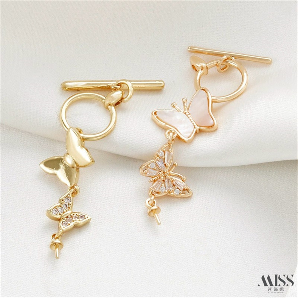 14K Gold Bag Color Zircon White Shell Butterfly Bead Holder OT Buckle DIY Pearl Connection Buckle Bracelet Necklace Accessories