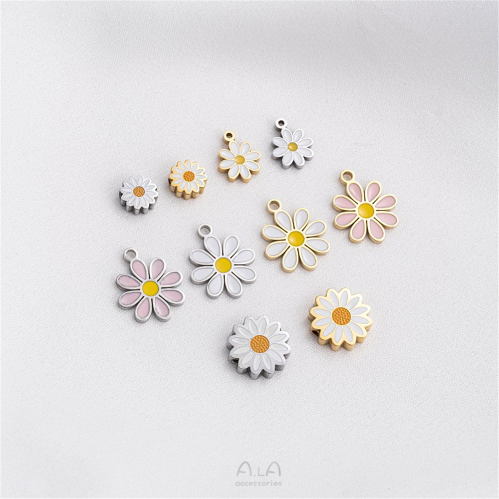 Titanium Steel Vacuum Plating 14K Real Gold Drop Oil Small Daisy Pendant Pink Small Flower Beads Diy Jewelry Accessories