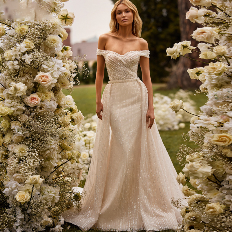 Elegant Wedding Dress Detachable 2 In 1 Mermaid Lace With Bead Ball Gown Boat Neck Sleeveless Bride Robe De Mariee Customized