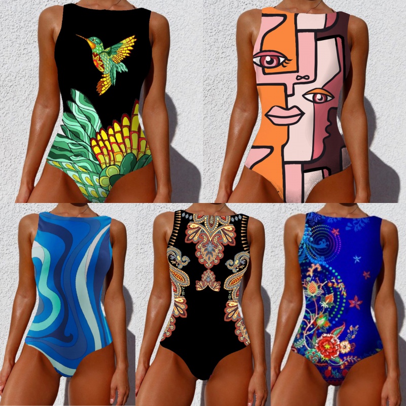 One-Piece Sleeveless Bikini for Women, Printed Separate Station, Personalized Swimsuit, New Swimwear, 2022