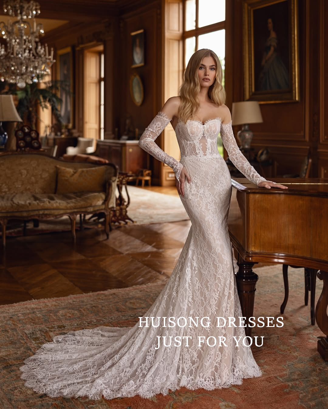 HUISONG Customized Vestidos De Novia Boho Mermaid Wedding Dresses Lace Appliques Long Sleeves Bohemia Bridal Gown