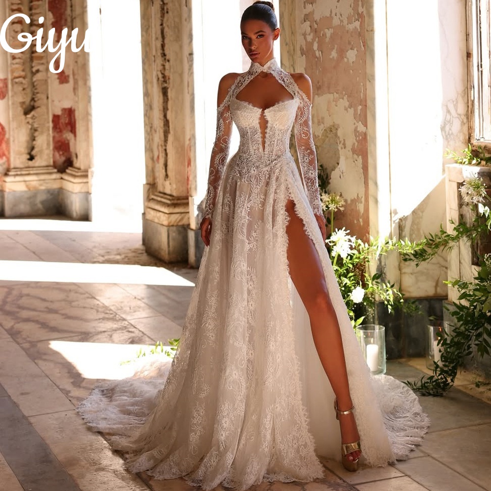 Giyu Exquisite Halter A Line Lace Wedding Dress Off Shoulder Sweep Train Side High Slit Customized Bridal Gown vestidos de novia