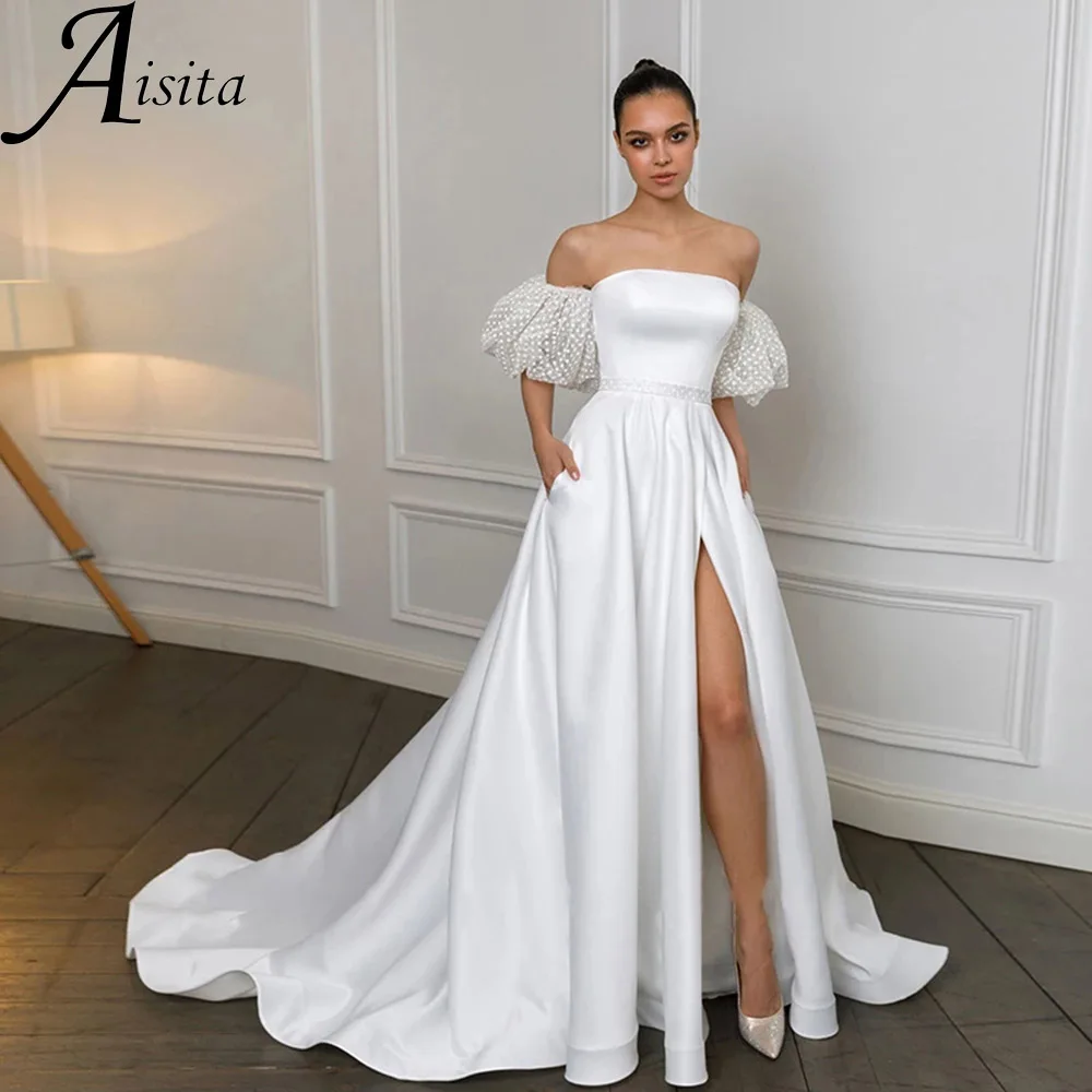 Elegant Strapless Side Split Bridal Gown Short Sleeves A Line Court Train Bridal Gowns Lace Up Back customized Robe De Mariée
