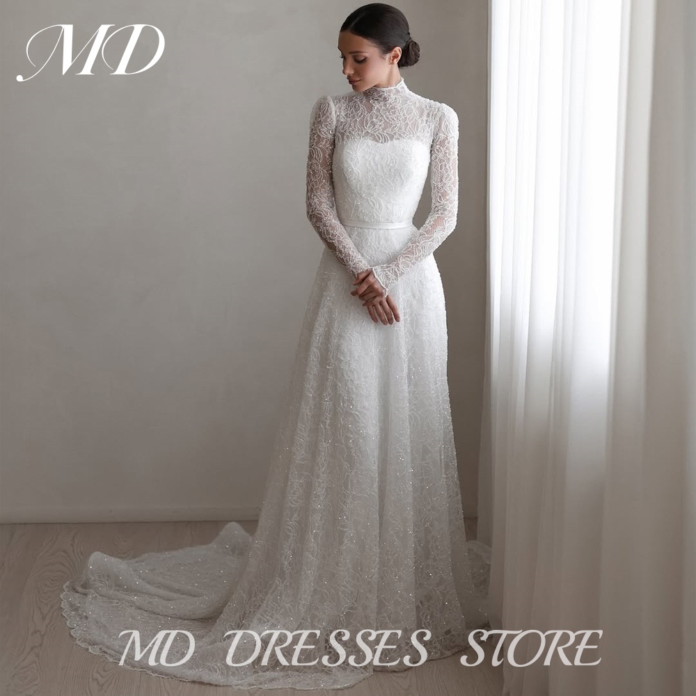 MD 2025 Modern Princess Shinny Muslim Wedding Dresses High Neck Full Lace Applique Buttons Back Customsized Bride Wedding Gown