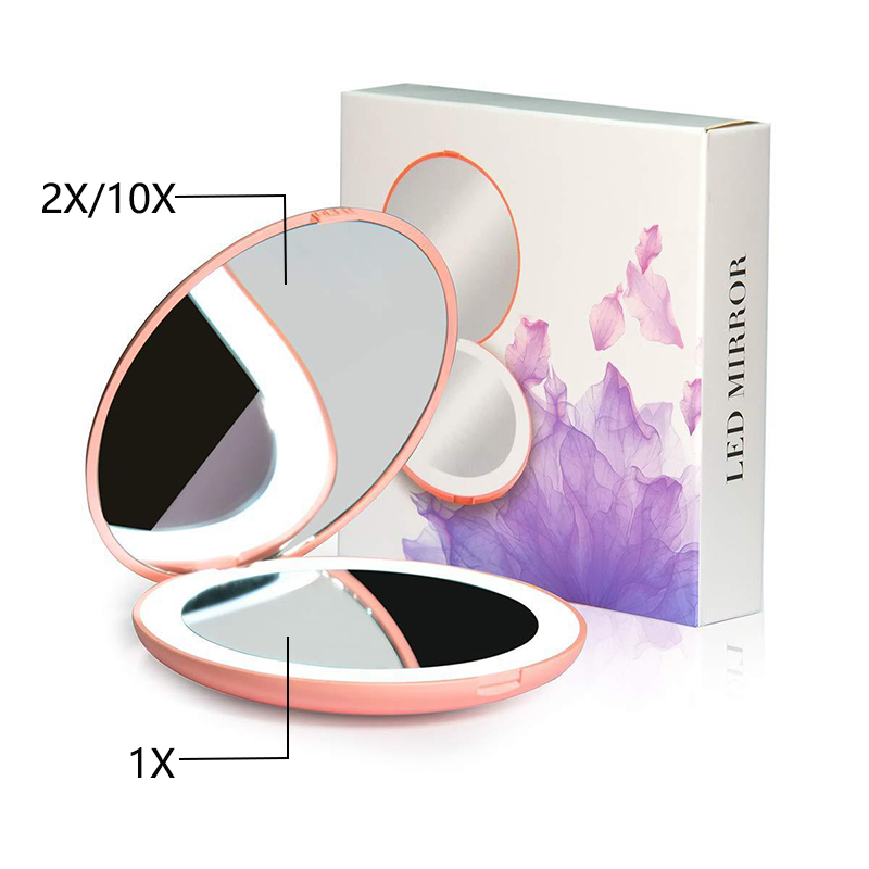 2-Face Mini Portable LED Light Makeup Mirror 2X/10X Magnifying HD Mirror Girl Travel Foldable HandHeld Pocket Mirror Four Colors