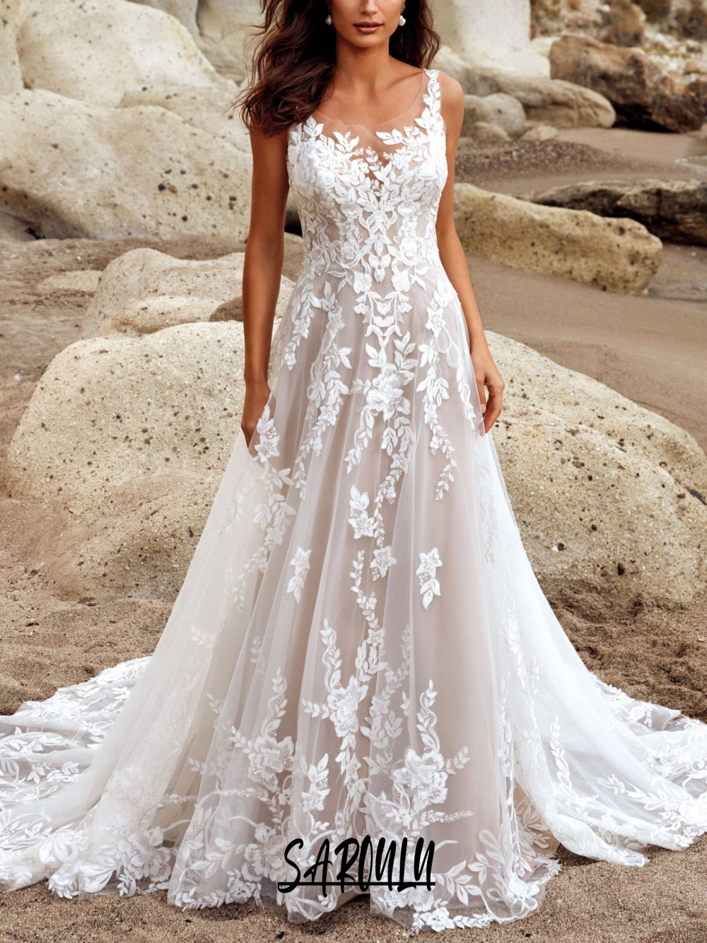 SAROULU Beach O Neck Wedding Dress For Women Customized Boho Lace A Line Bride Dresses Sleeveless Appliques Bridal Gown