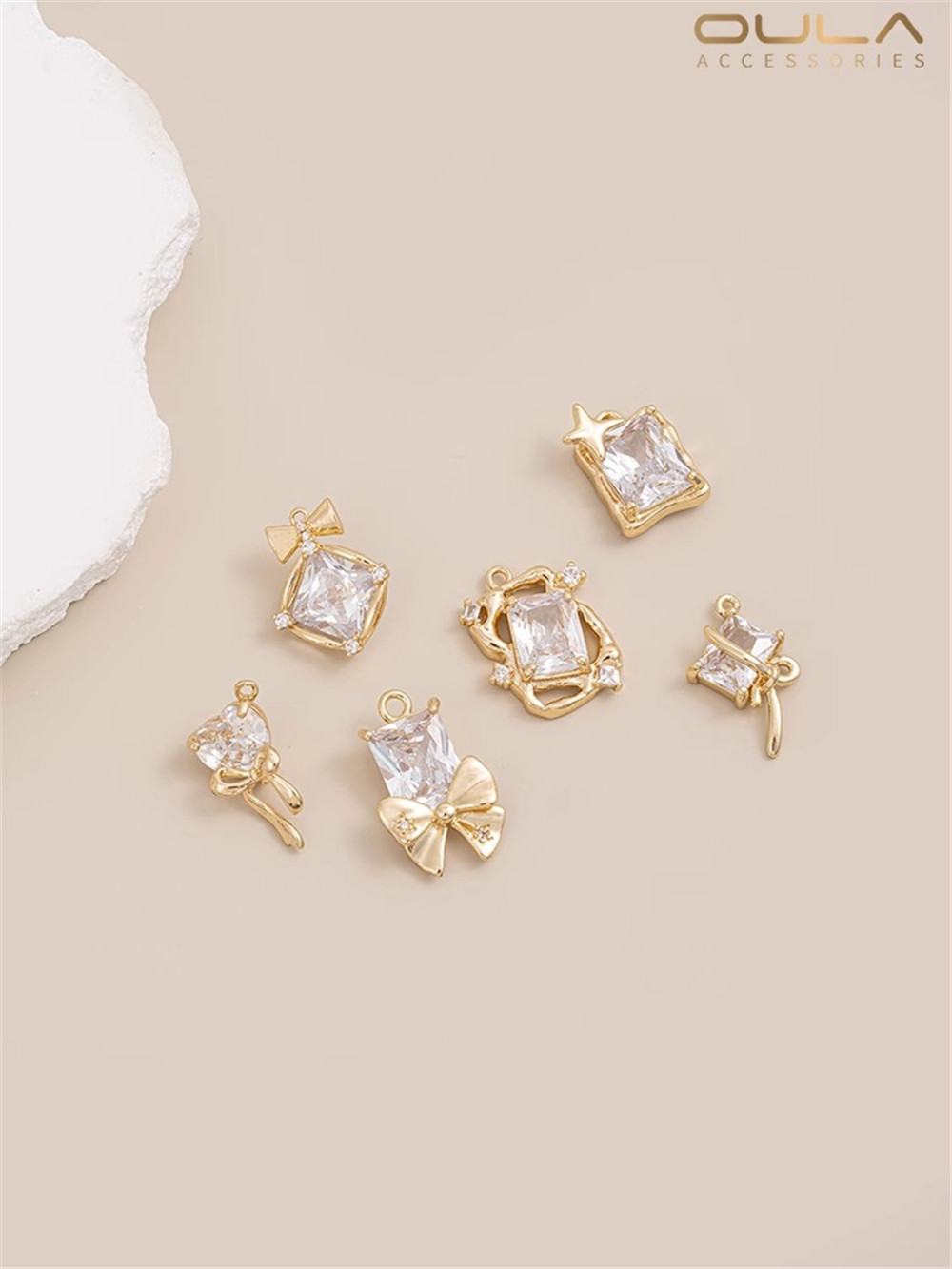 14K Gold-Color Plated Bow Wrapped Edge Heart Rectangular Zircon Bow Tie Pendant Necklace Bracelet Earrings Hanging Ornaments