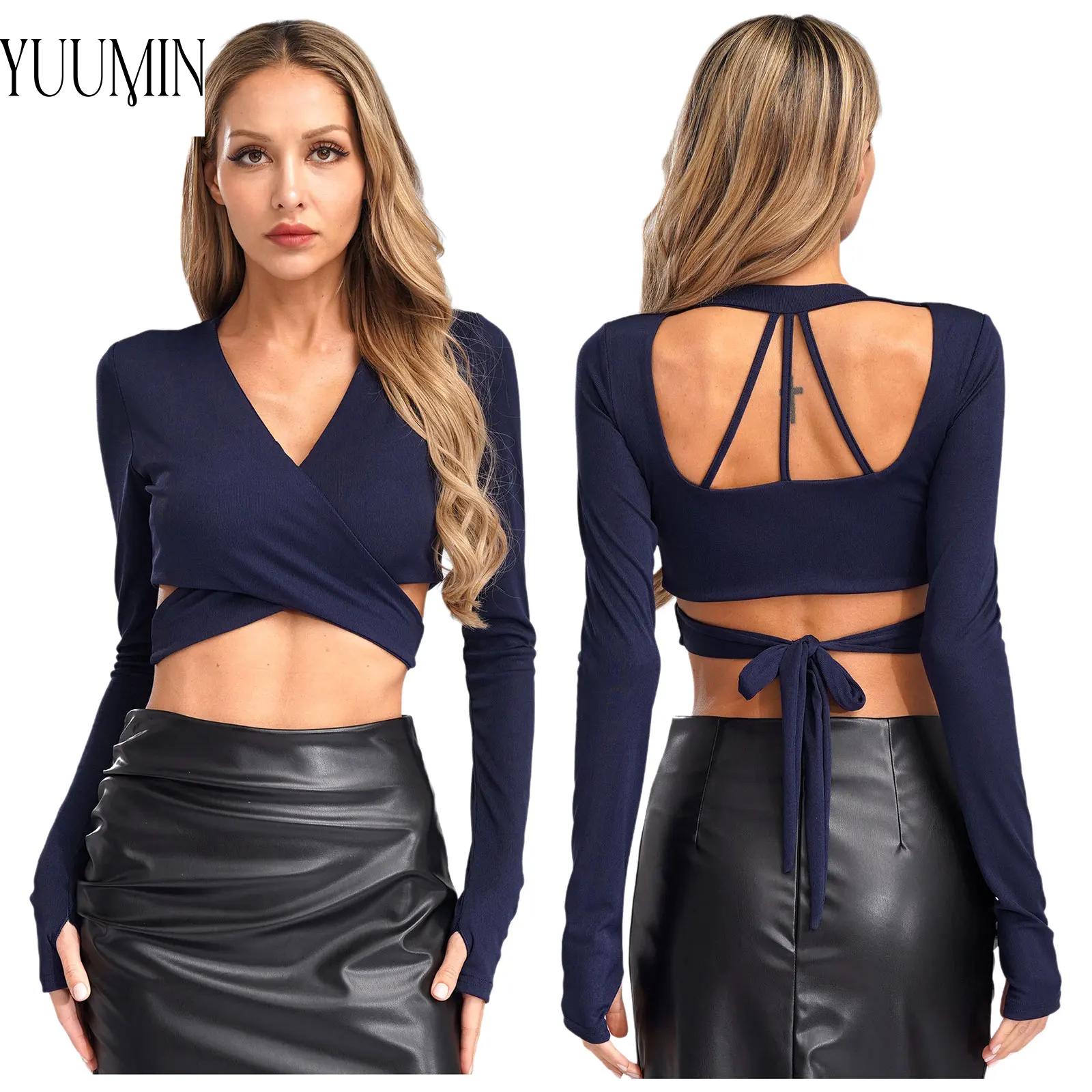 Yoga Tops Costumes for Womens Strappy Cutout Back Crop Top V-Neck Long Sleeve Sports Pilates for Workout Running Sexy Daily Wear