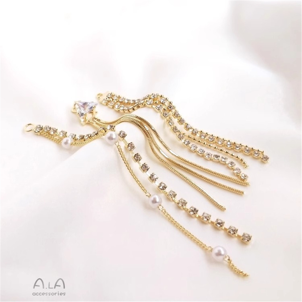 14K Real Gold Zircon Pearl Claw Chain Bead Chain Tassel Earrings Diy Handmade Earrings Studs Jewelry Pendant