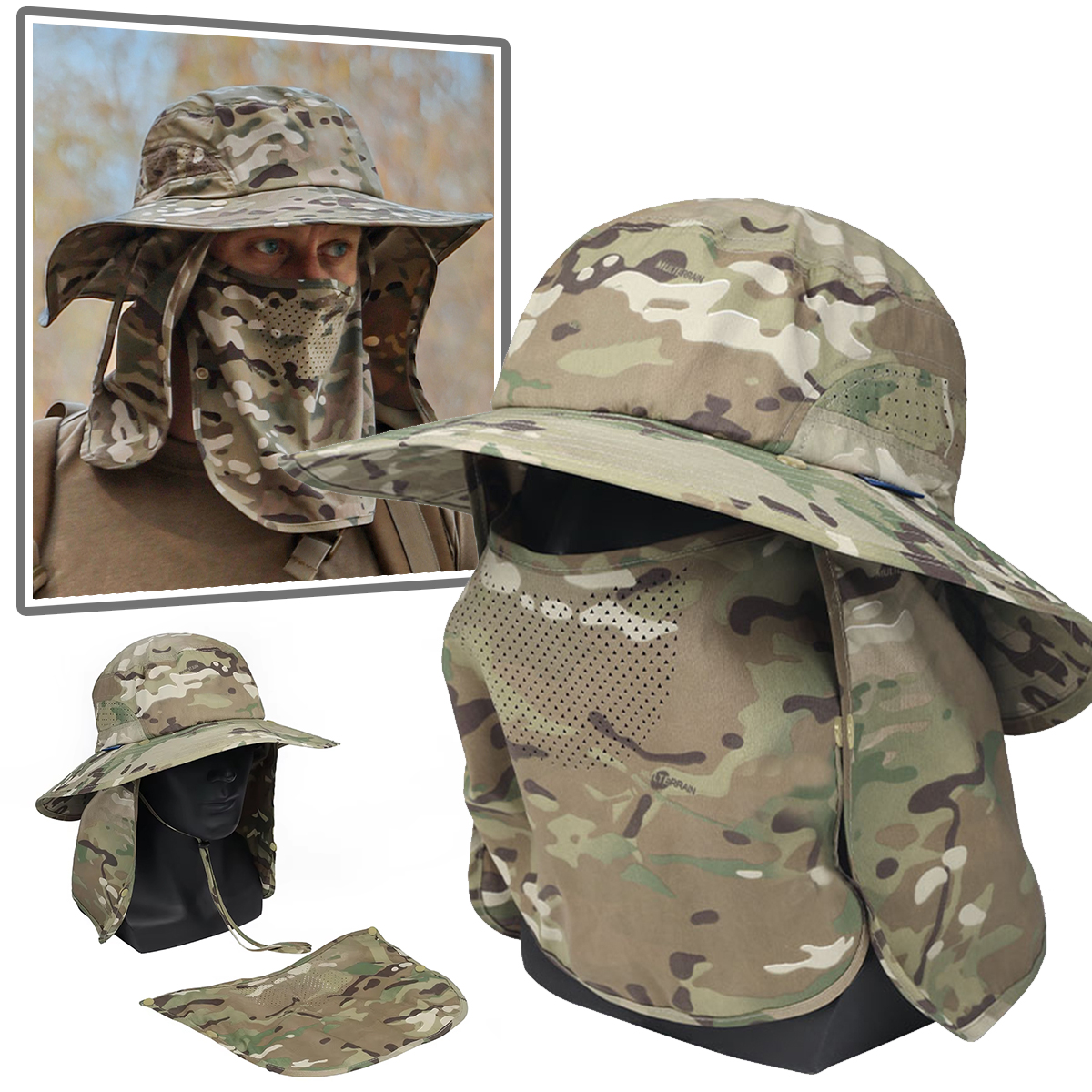 Tactical Fishing Frillnecks Hat Outdoor Hunting Camping Removable Face Mask Back Panel Cap SweatWicking Breathable Balaclava Hat