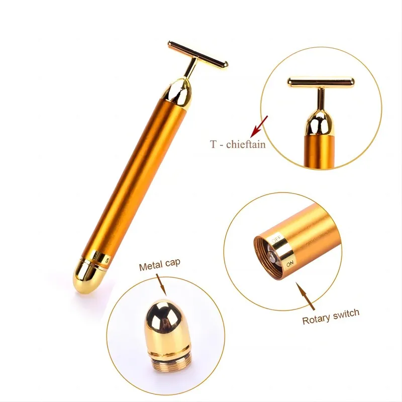 Facial Massager T-Shape Vibrating Beauty Bar 24K Electric Face Slimming Rod Golden Stick Tightening Skin Electric Massage Roller