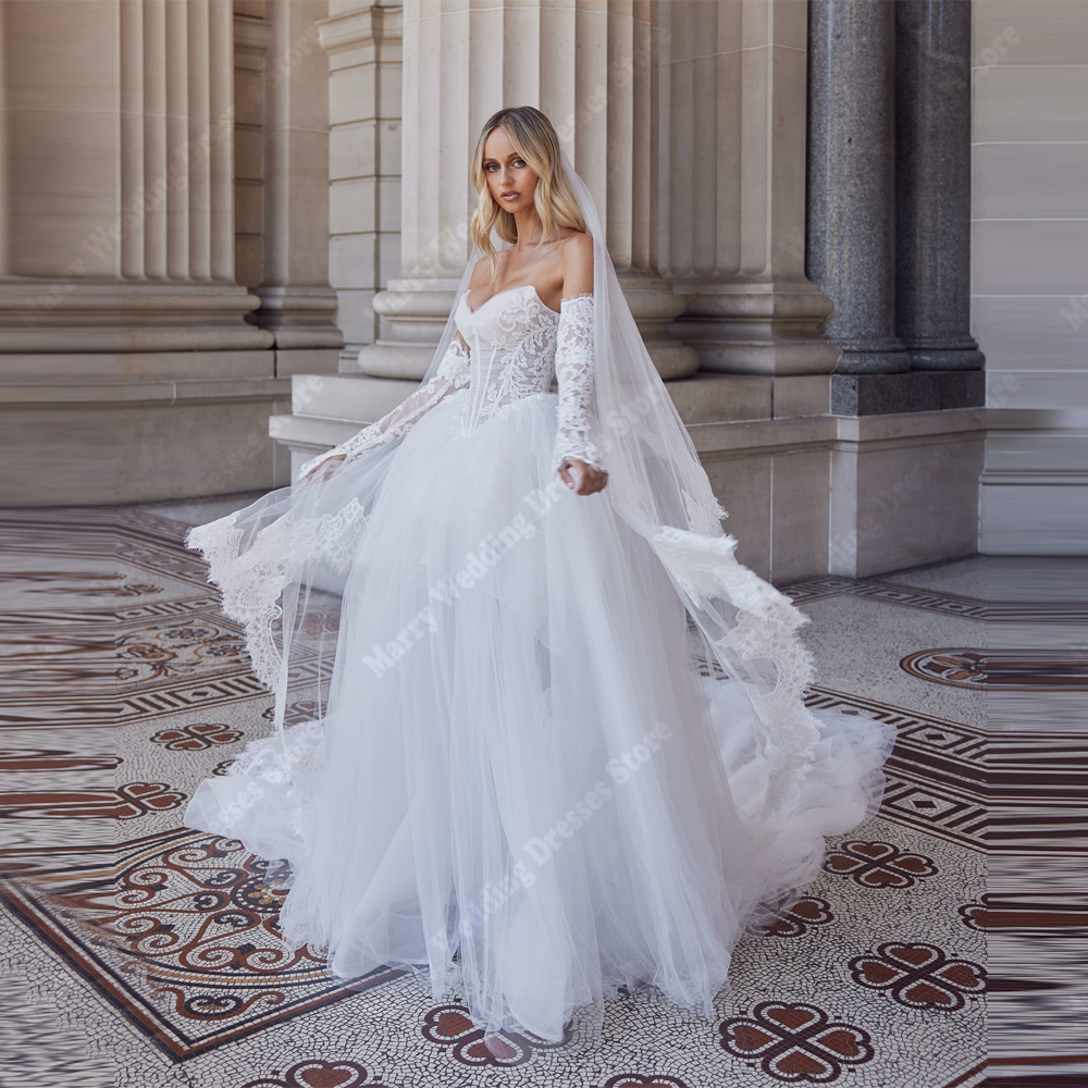 2025 Glitter Tulle A-Line Women Wedding Dresses Sweetheart Collar Bride Gowns Lace Flower Printing Vestidos De Novias Customized