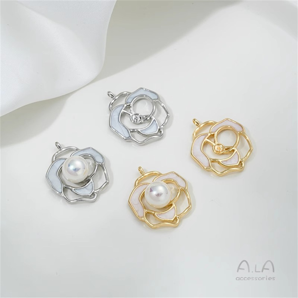 14K Gold Drop Oil Camellia Pendant Rose Bead Stud Earrings Diy Sticky Pearl Necklace Earrings Accessories