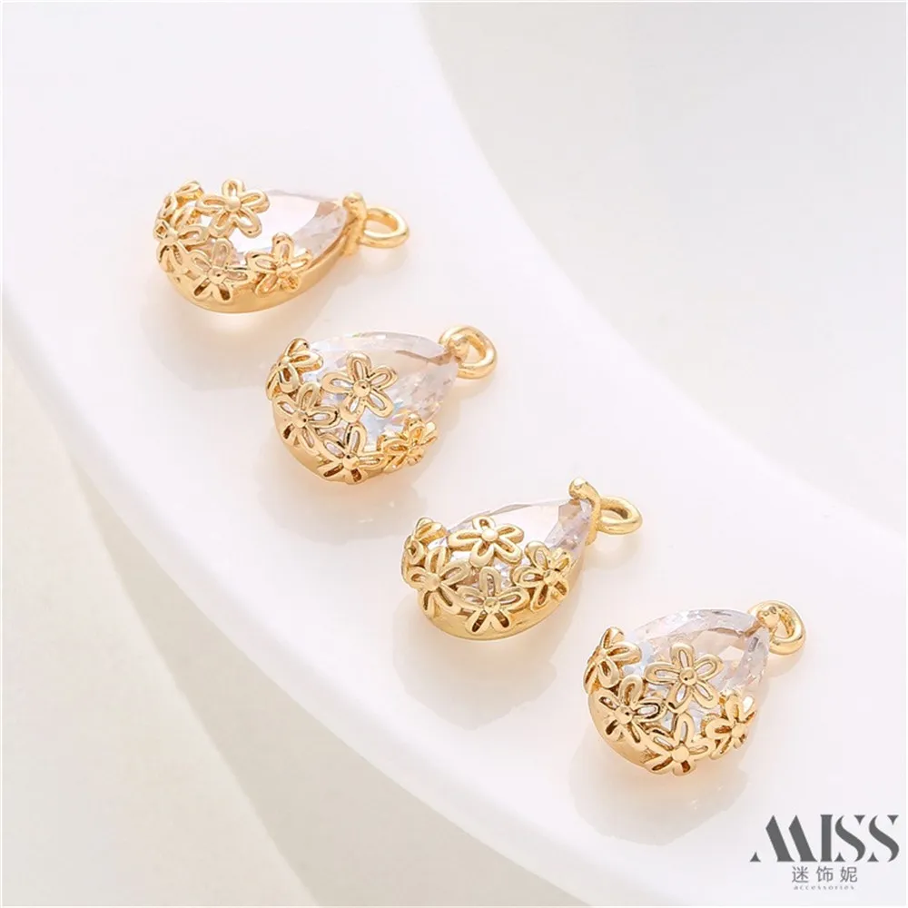 14K Gold Color Plum Blossom Lace Zircon Water Drop Pendant DIY Handmade Small Pendant Bracelet Necklace Accessories