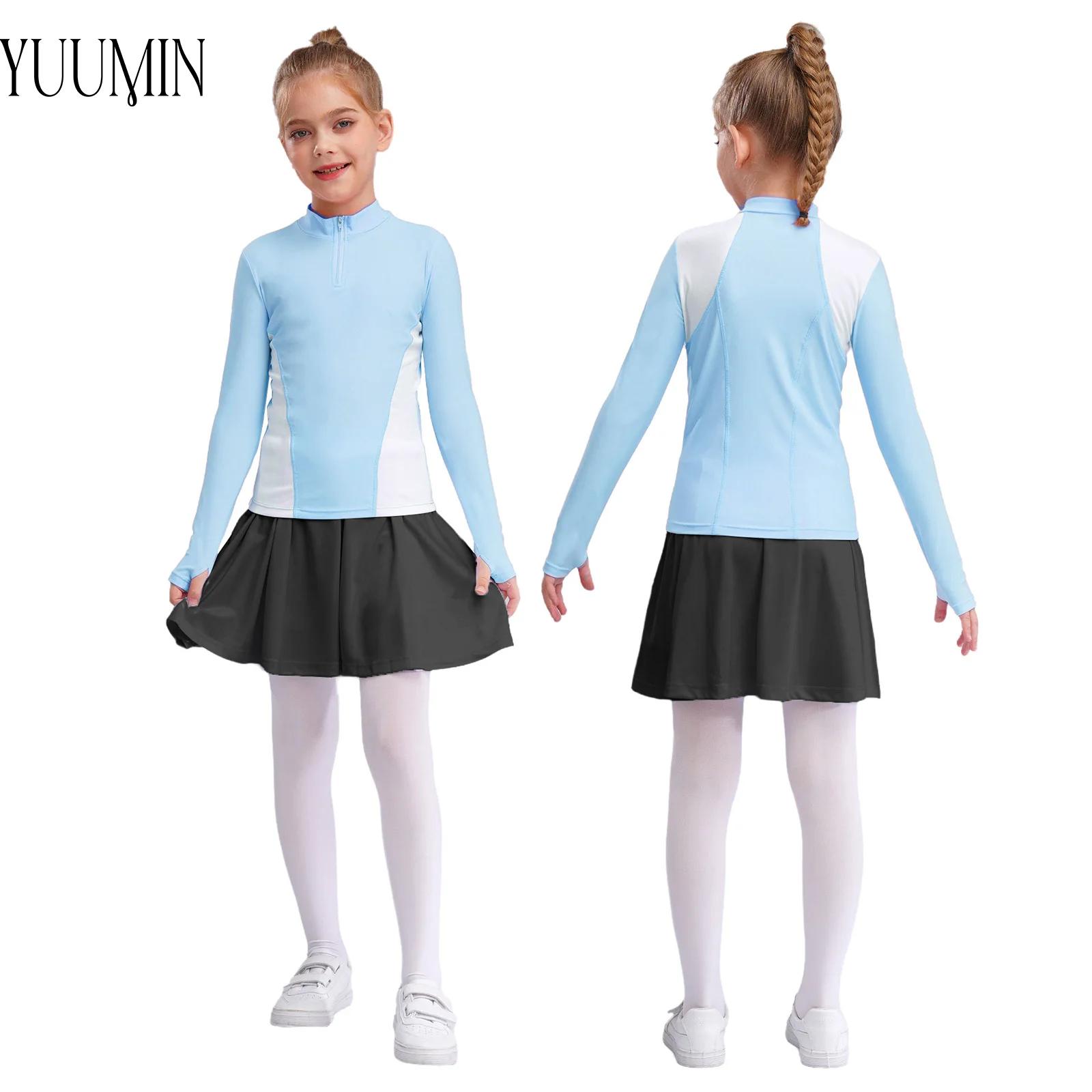 2025 New Kids Girl Two Piece Sports Set Sportswear Zipper Long Sleeves T-shirt with Skirt for Golf Workout Exercise Yoga Running