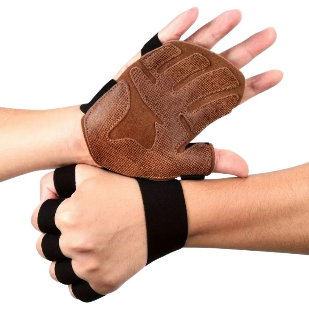1 Pair Cowhide Weight Lifting Gloves Four-finger Non-Slip Ventilated Gym Wristband Breathable Pull-up Fitness Workout Gloves