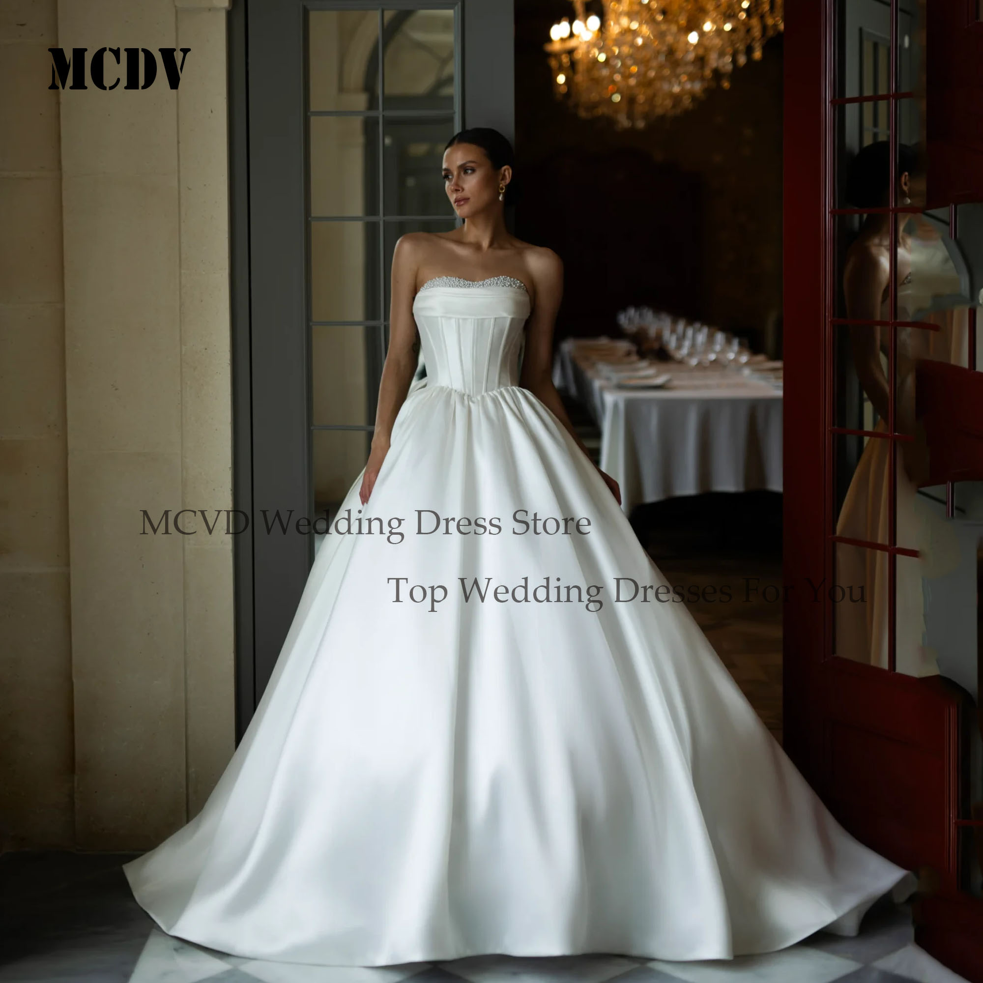 MCDV Strapless Satin A Line Wedding Dress Women Beading Sweep Train Sleeveless Vestidos De Novia Luxury Bride Gowns Customized