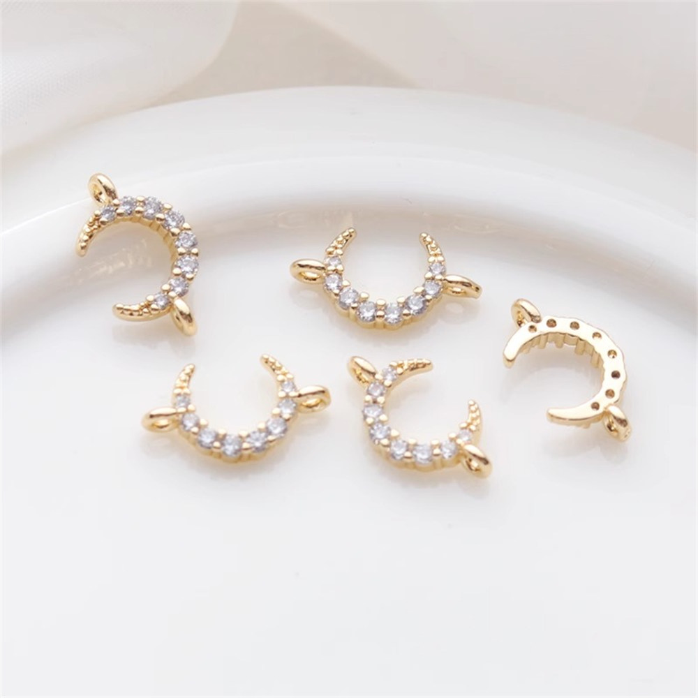 14K Gold Accessories Color Inlaid Zircon Thin Moon Pendant Double-loop Connection Diy Handmade Jewelry Charm Accessories