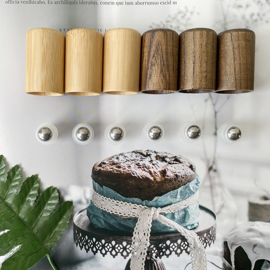 5Pcs 18mm 410 Empty Glass Perfume Roller Bottle Natural Bamboo Caps Lids for Essence Cosmetics Lip Oil Bottles Travel Containers