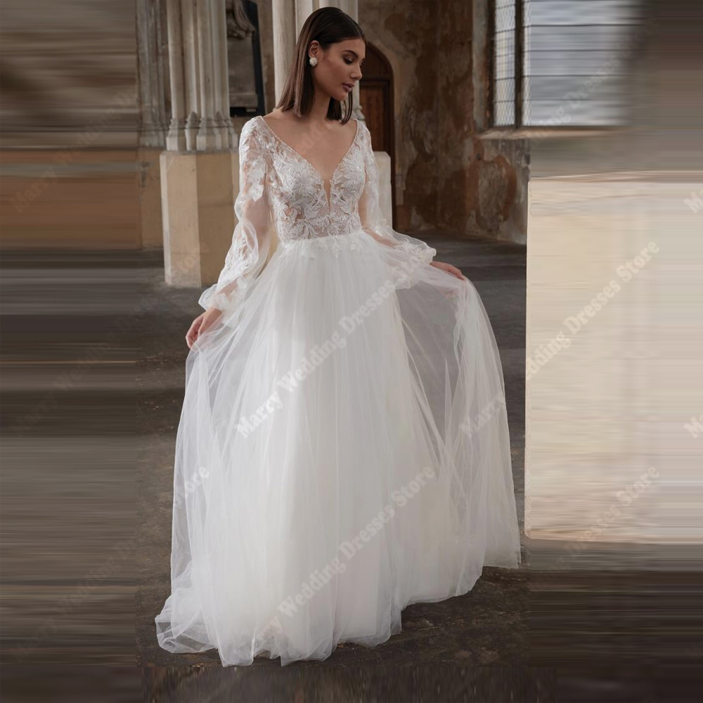 Sweetheart Collar A Line Women Wedding Dresses Lace Appliques Bridal Gowns Sexy V-Neck Lace Sleeves Vestido De Novia Customized