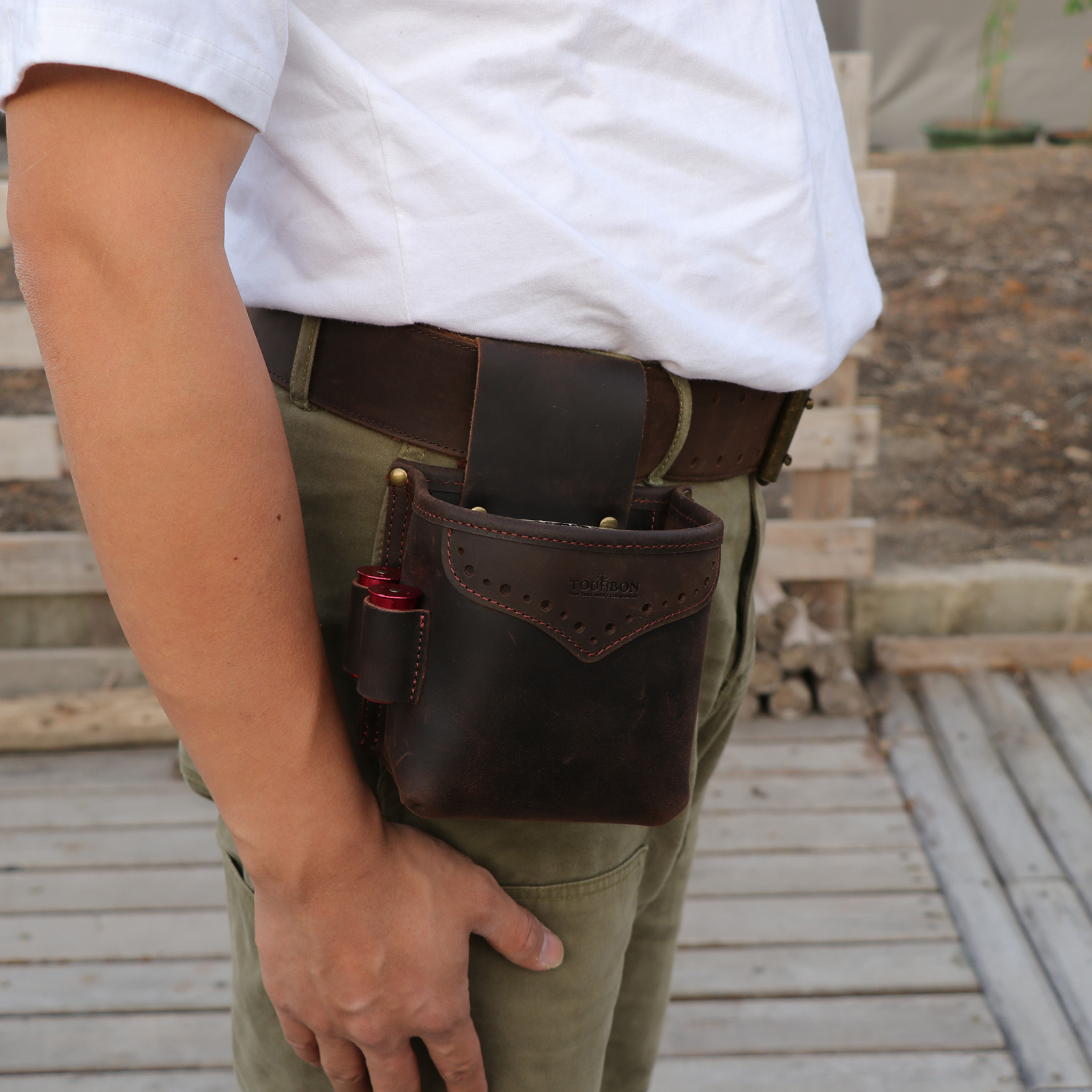 Tourbon Hunting Accessories Gun Shell Pouch Leather Ammo Waist Bag Cartridges Case with 2 Bullet Loop for 12/16/20 Gauge